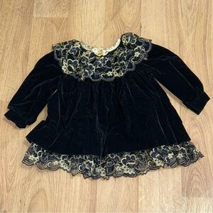 Vintage Jo Lene Elegant Black Velvet and Gold Lace Baby’s Dress Size 12 Months